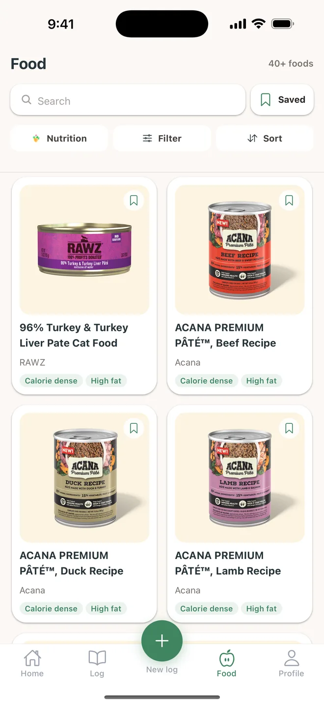 The LittlePetApp Food tab showing a searchable grid of cat and dog food products, each tagged with nutrition labels such as calorie dense and high fat