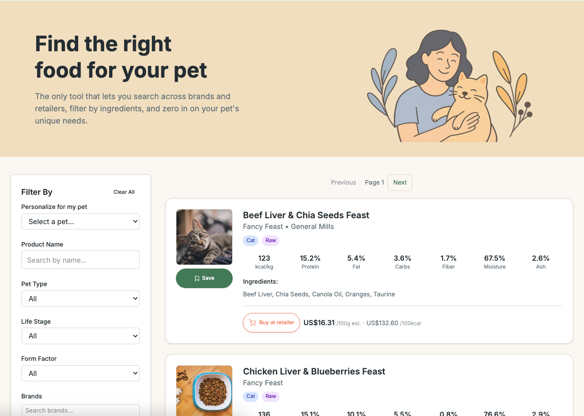 LittlePetApp food search page showing filters and results