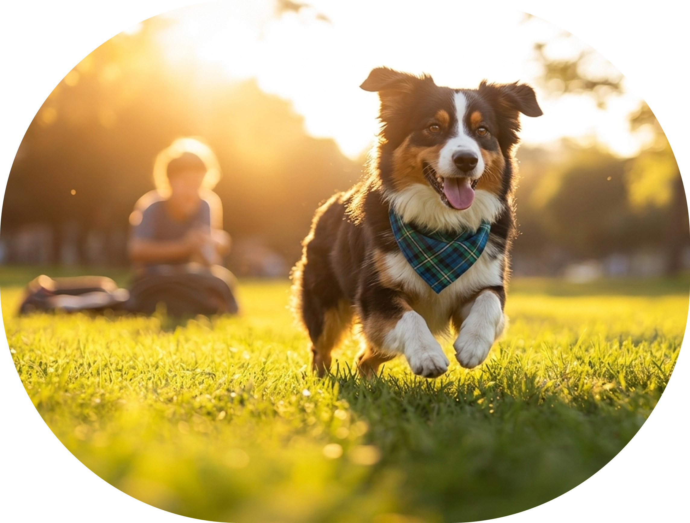 Happy dog running in a sunlit field wearing a bandana