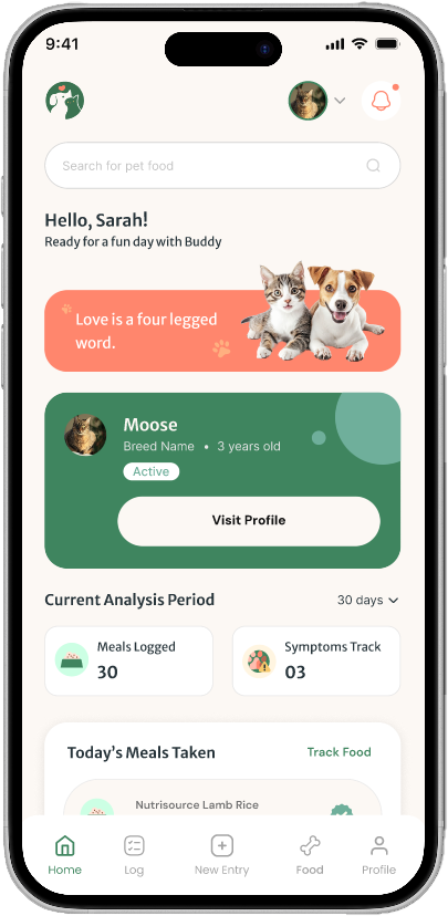 LittlePetApp Health Insights screen showing weight, mood, and energy tracking